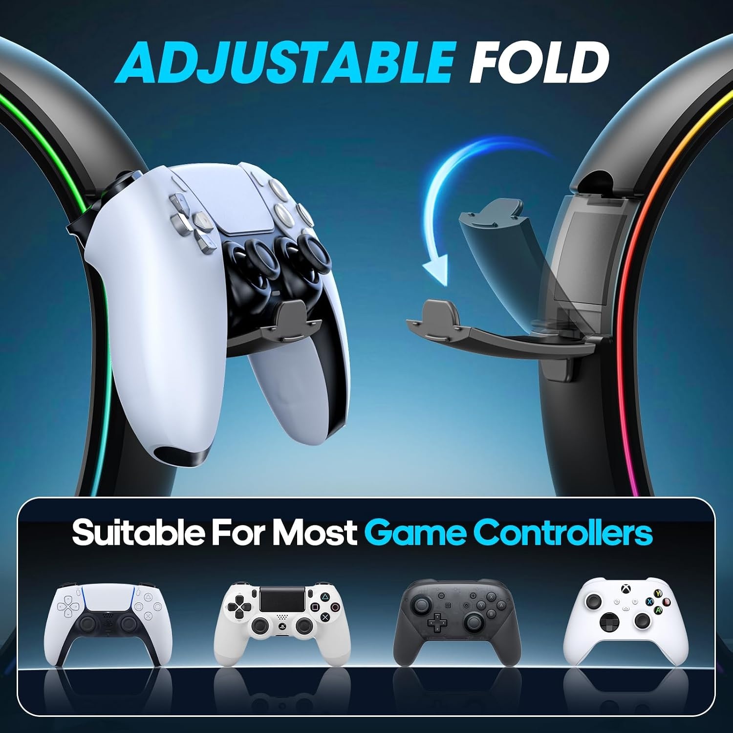 KDD RGB hoofdtelefoon & controller standaard met 9 lichtmodi - opvouwbare controller hanger voor bureau - oortelefoon standaard met kabel organizer - voor gamers desktop accessoires