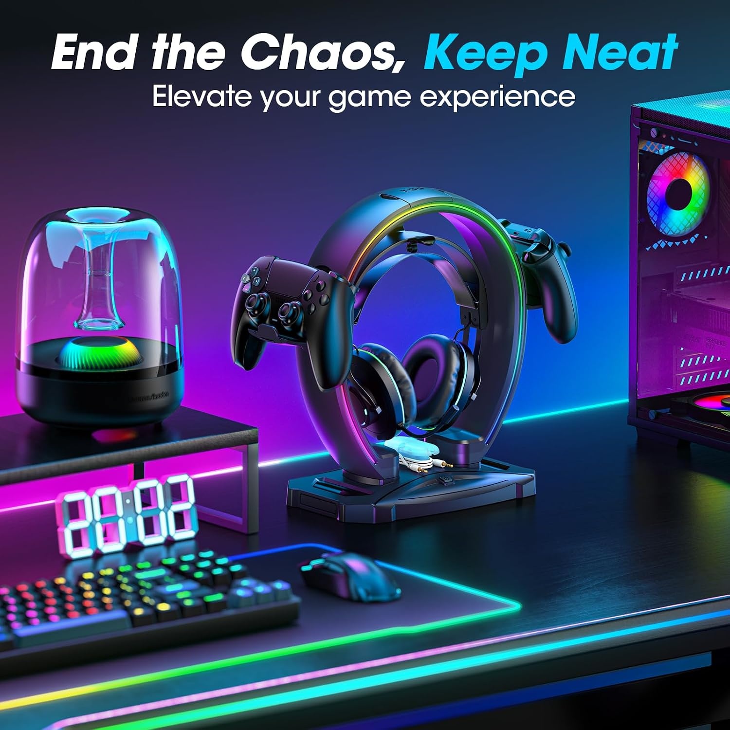 KDD RGB hoofdtelefoon & controller standaard met 9 lichtmodi - opvouwbare controller hanger voor bureau - oortelefoon standaard met kabel organizer - voor gamers desktop accessoires