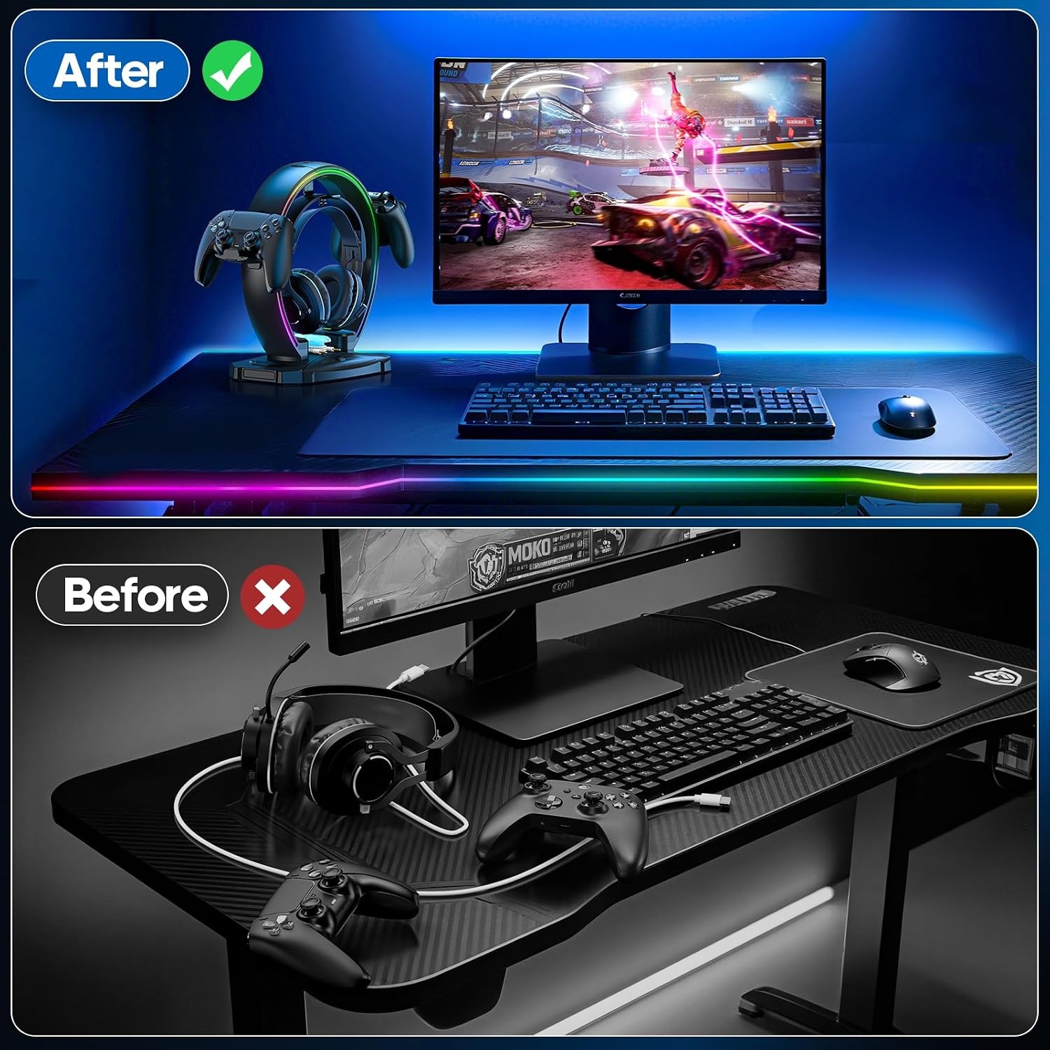 KDD RGB hoofdtelefoon & controller standaard met 9 lichtmodi - opvouwbare controller hanger voor bureau - oortelefoon standaard met kabel organizer - voor gamers desktop accessoires