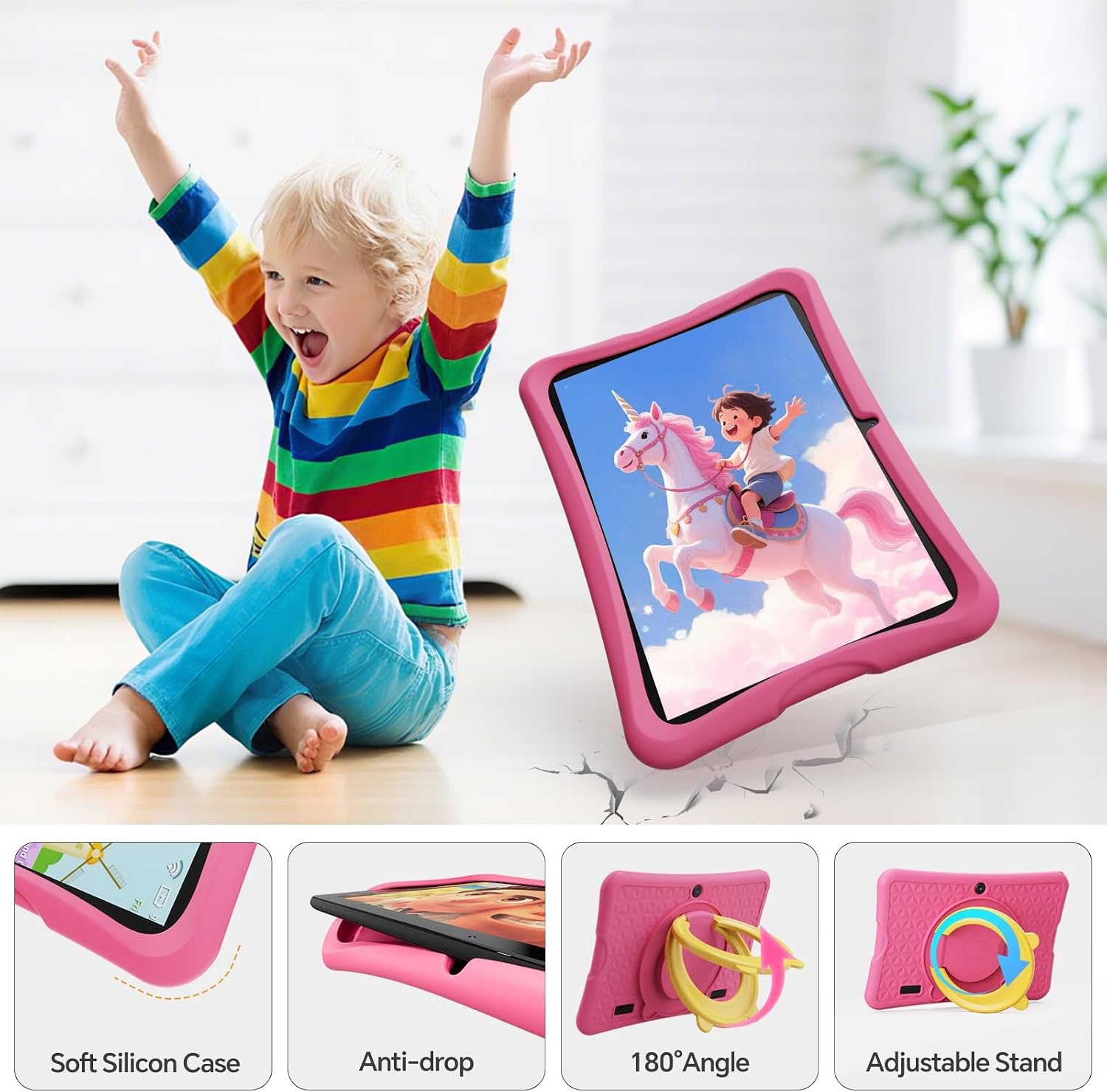 DigiLand Kindertablet 10,1 inch Android kindertablet met wifi met beschermhoes, ouderlijk toezicht, educatieve tablets, kinderen, jongens en meisjes, roze (RAM 6 GB + ROM 32 GB)