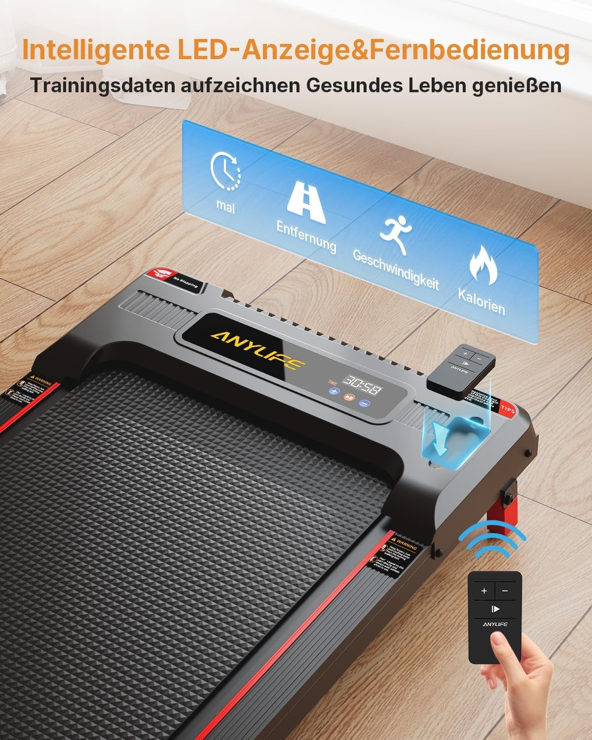 Anylife loopband, bureau Walking Pad, loopmat met helling, compacte Treadmill, loopmachine, stille loopmat, LED display, loopband voor thuis 150kg