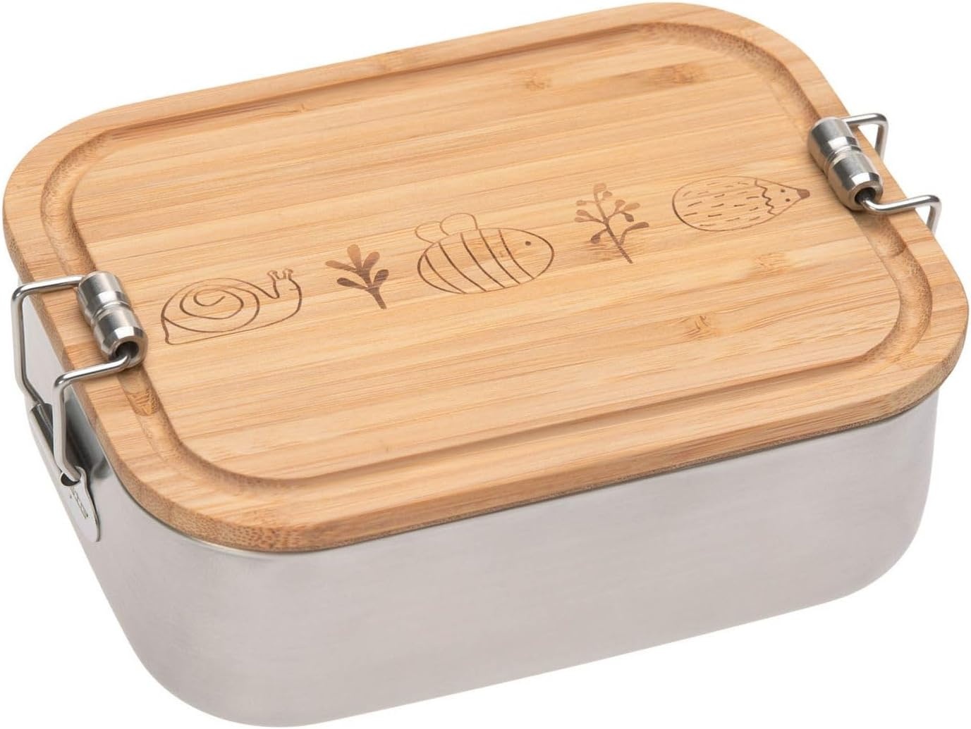 LÄSSIG 1210059964 Children's BRed Drum Stainless Steel and Bamboo Lunch Box Breakfast Box Durable Kindergarten School, Snail, Bees, Hedgehogs,1 Piece(1 Pack),Silver