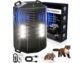 Ultrasone marterverschrikker voor in de auto, met flitslicht, muizen, marterverschrikker, zolder, muizenverjager, werkt op batterijen, met 12 V autoaccukabel en USB, effectief, muizenverjager voor