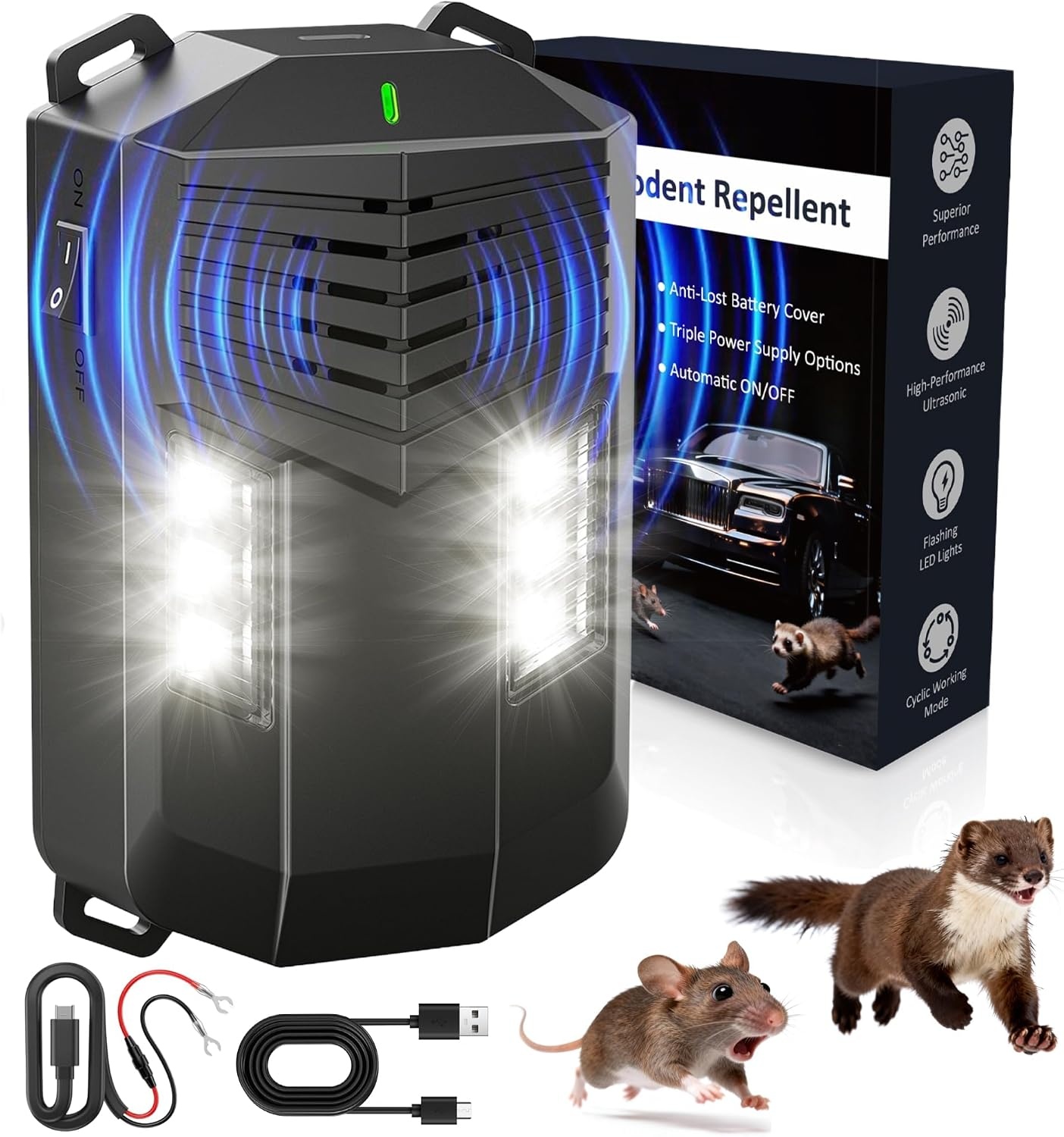 Ultrasone marterverschrikker voor in de auto, met flitslicht, muizen, marterverschrikker, zolder, muizenverjager, werkt op batterijen, met 12 V autoaccukabel en USB, effectief, muizenverjager voor