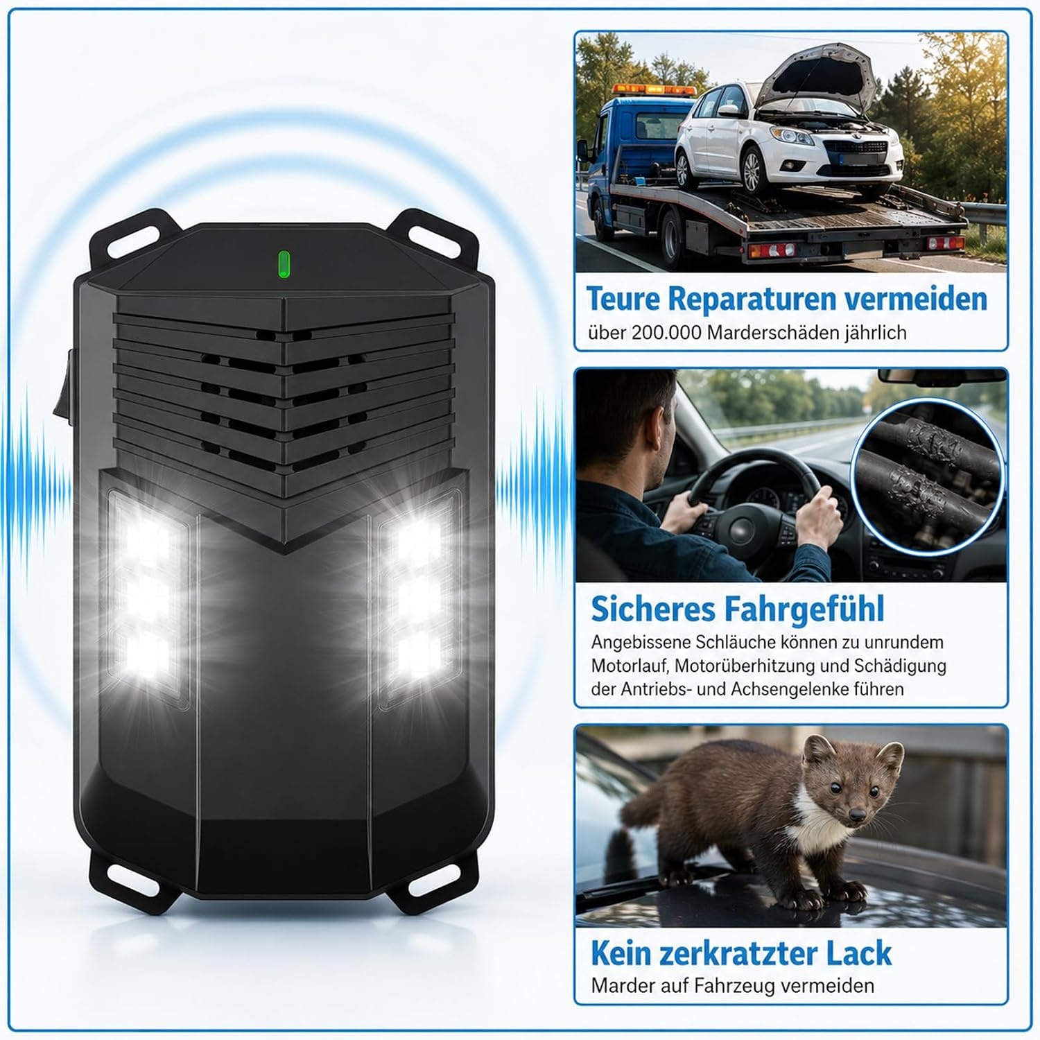 Ultrasone marterverschrikker voor in de auto, met flitslicht, muizen, marterverschrikker, zolder, muizenverjager, werkt op batterijen, met 12 V autoaccukabel en USB, effectief, muizenverjager voor