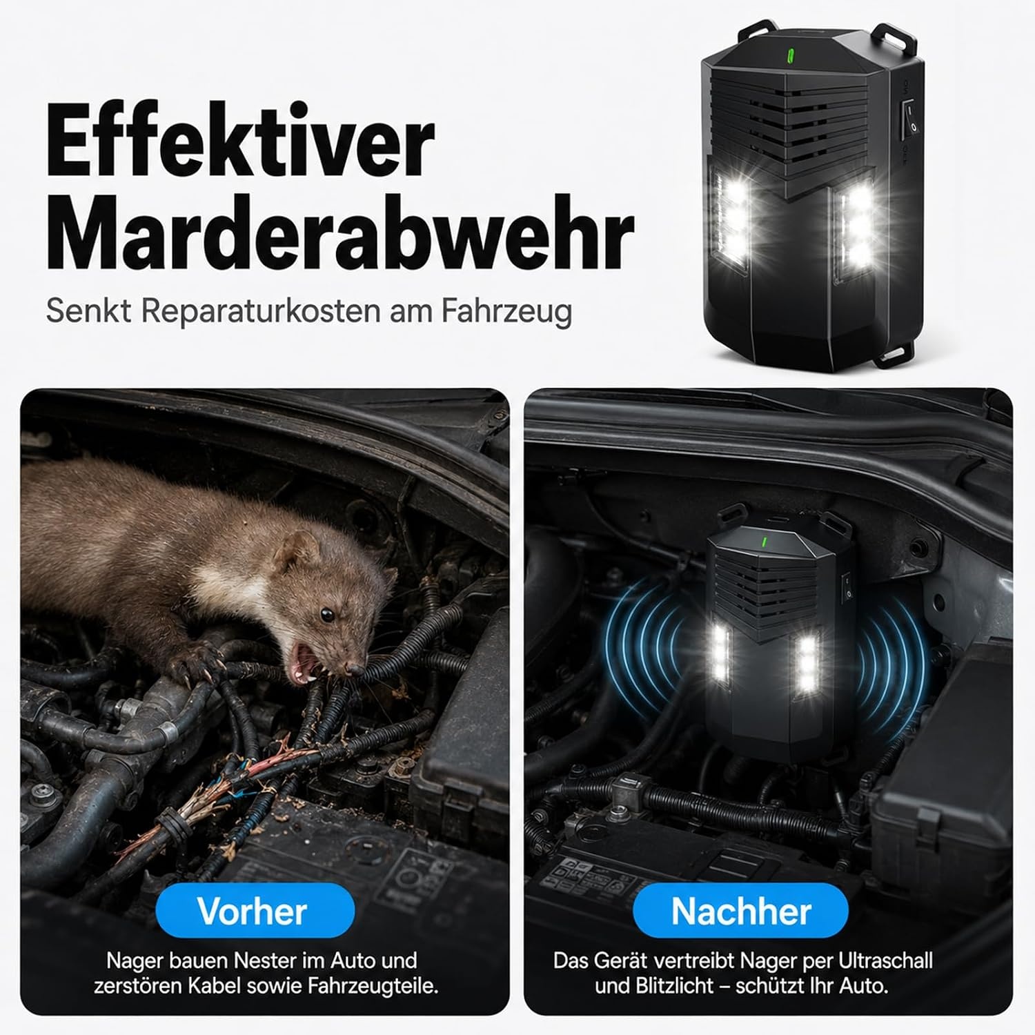 Ultrasone marterverschrikker voor in de auto, met flitslicht, muizen, marterverschrikker, zolder, muizenverjager, werkt op batterijen, met 12 V autoaccukabel en USB, effectief, muizenverjager voor