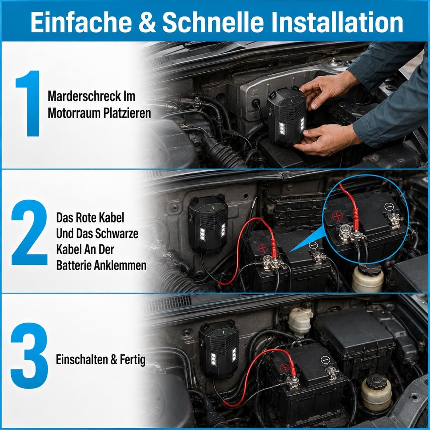 Ultrasone marterverschrikker voor in de auto, met flitslicht, muizen, marterverschrikker, zolder, muizenverjager, werkt op batterijen, met 12 V autoaccukabel en USB, effectief, muizenverjager voor