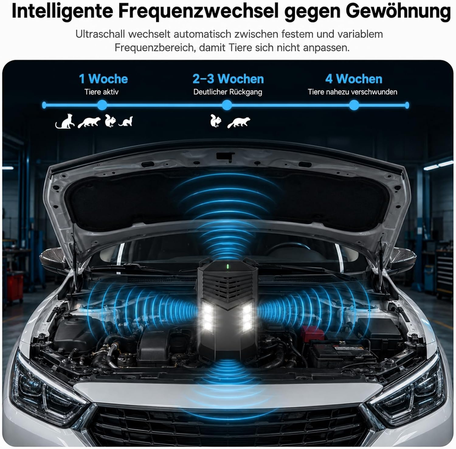 Ultrasone marterverschrikker voor in de auto, met flitslicht, muizen, marterverschrikker, zolder, muizenverjager, werkt op batterijen, met 12 V autoaccukabel en USB, effectief, muizenverjager voor