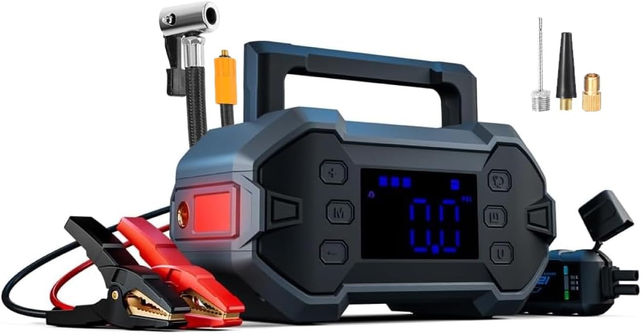 Portable Car Starthulp Powerbank 3000A met Luchtcompressor 12V Batterij Jumper Noodpakket voor 8.0L Benzine & Diesel Motoren Power Booster Start Boost Lader Box en Power Bank, Hoge Efficiëntie