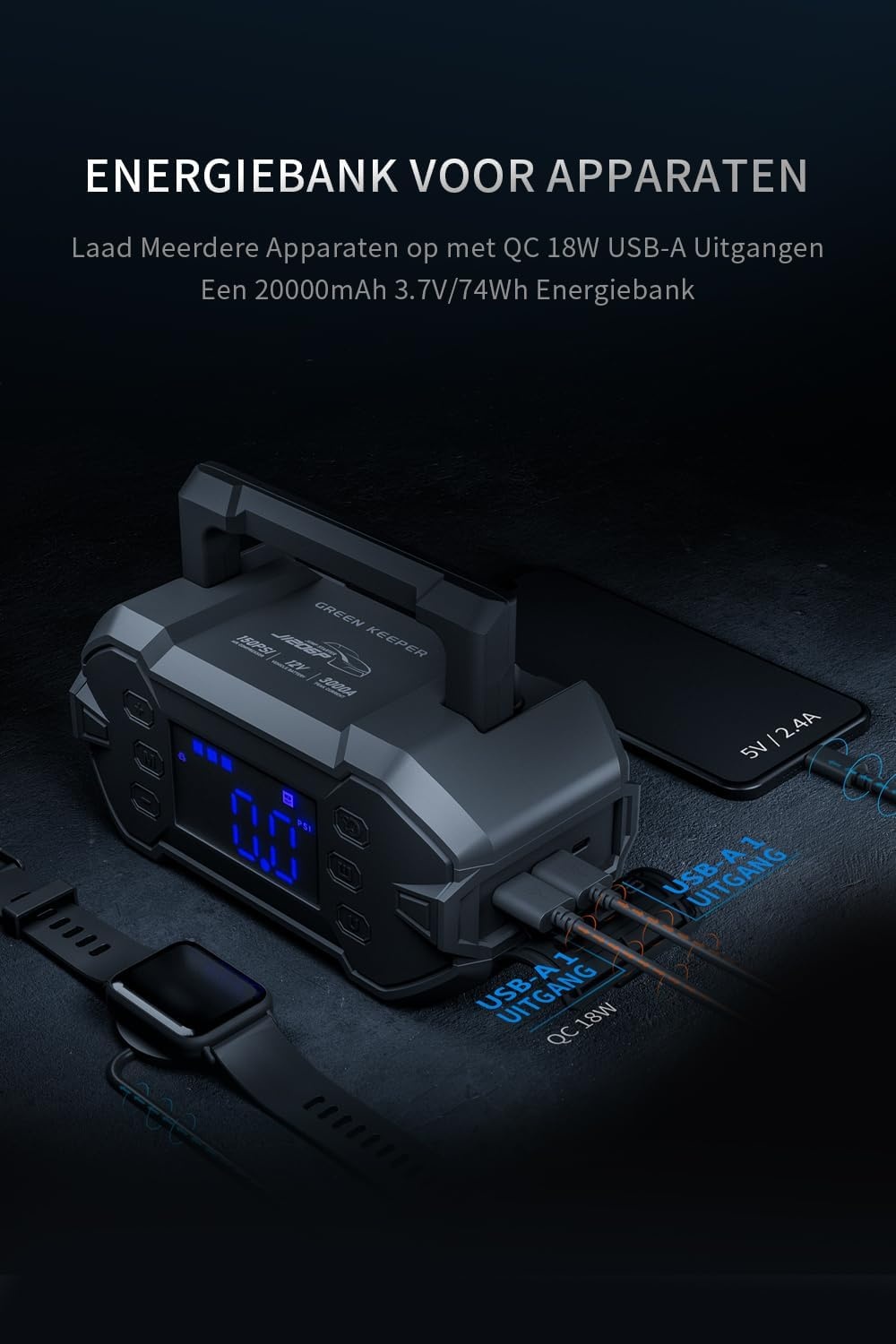 Portable Car Starthulp Powerbank 3000A met Luchtcompressor 12V Batterij Jumper Noodpakket voor 8.0L Benzine & Diesel Motoren Power Booster Start Boost Lader Box en Power Bank, Hoge Efficiëntie
