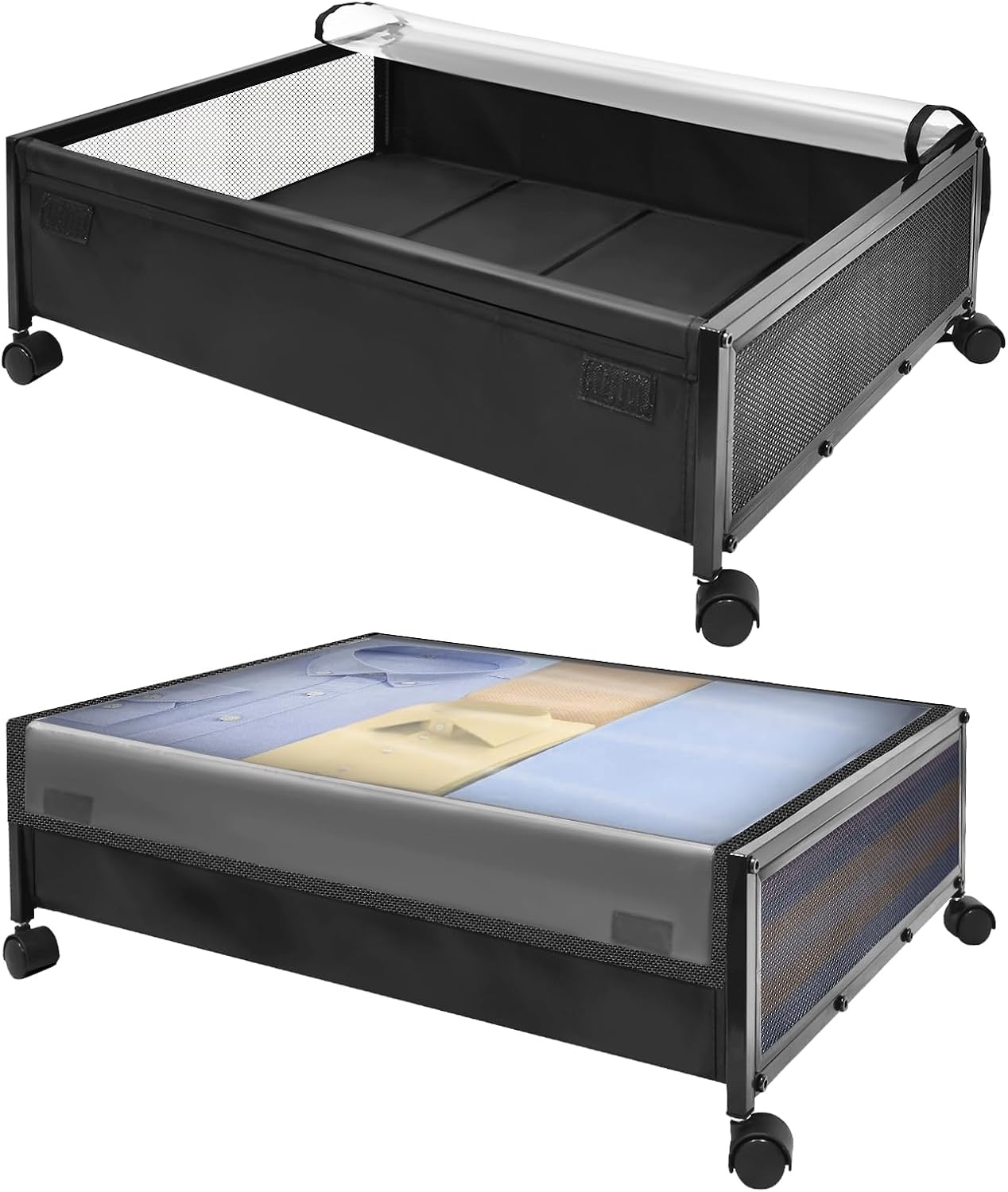 SPECILITE Opbergbakken voor Onder Het Bed Op Wieltjes, 2 Stuks Rollende Metalen Bakken met Deksels, Opbergzakken voor Kleding, Schoenen, Speelgoed en Dekens - Maat 2 Pack