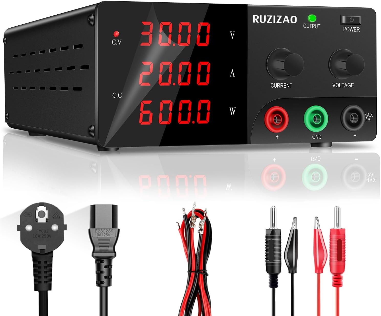 RUZIZAO Laboratorium Voeding 30V 20A - Regelbare DC Voeding 600W - Zwart