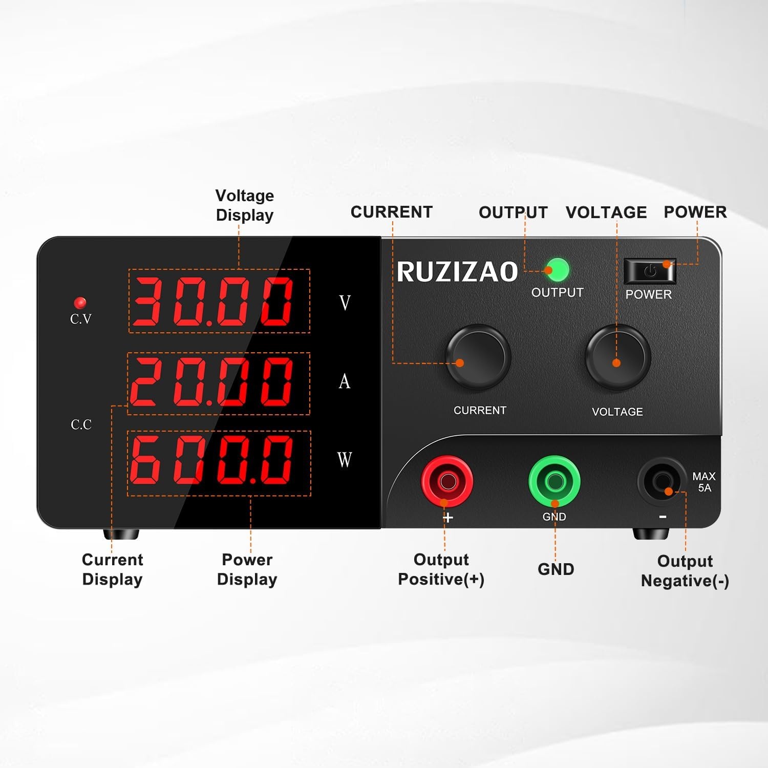 RUZIZAO Laboratorium Voeding 30V 20A - Regelbare DC Voeding 600W - Zwart