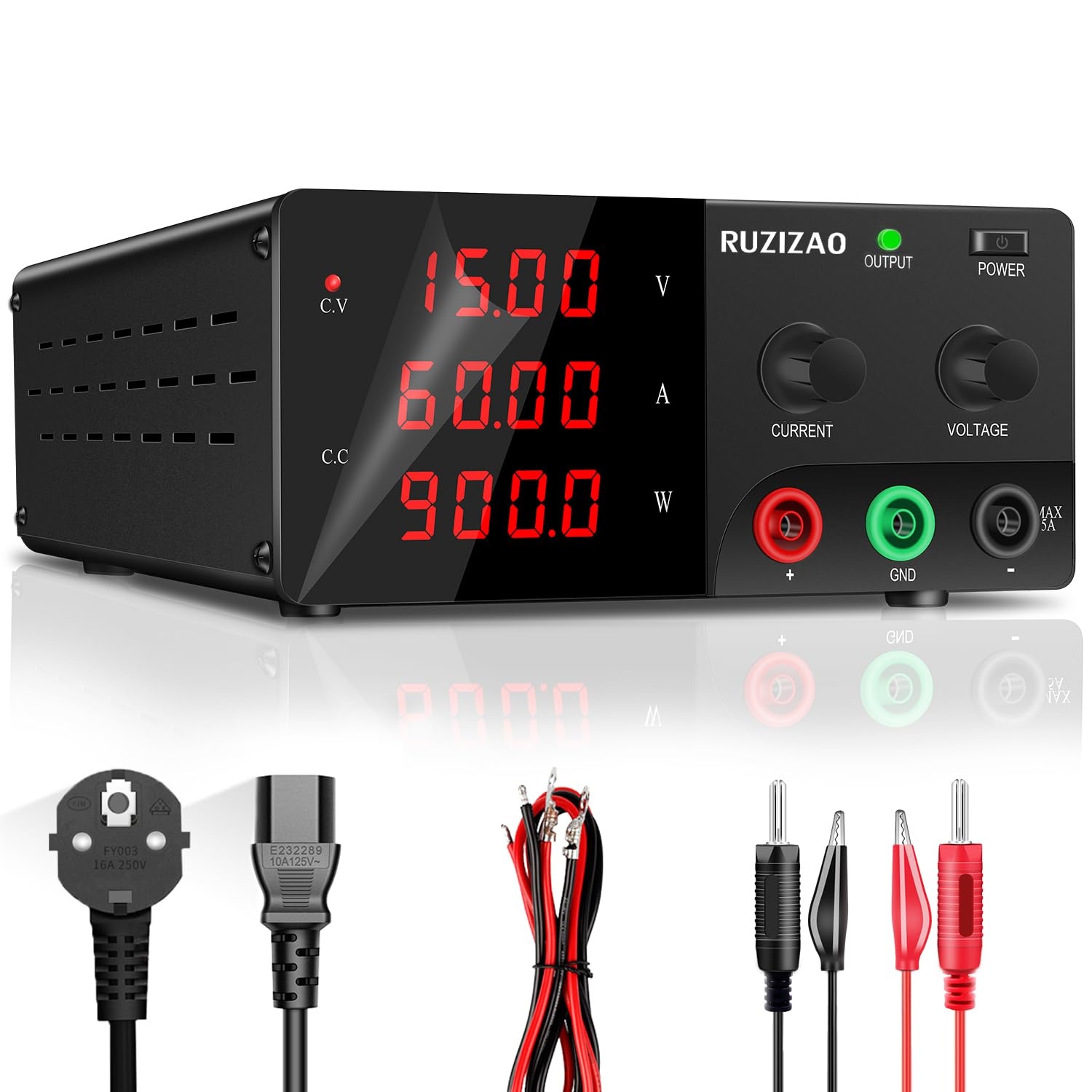RUZIZAO Laboratoriumvoeding 15V 60A - 900W DC Regelbare Voeding - Zwart