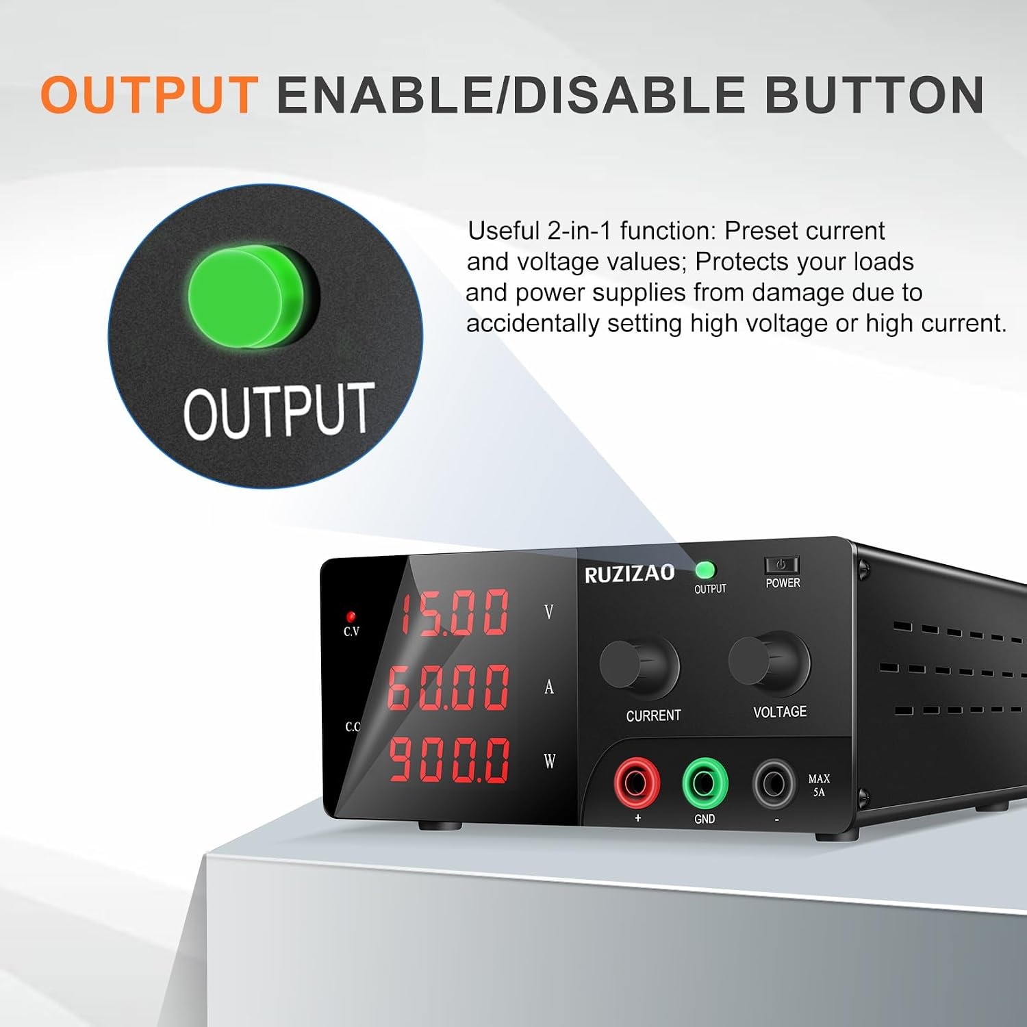 RUZIZAO Laboratoriumvoeding 15V 60A - 900W DC Regelbare Voeding - Zwart
