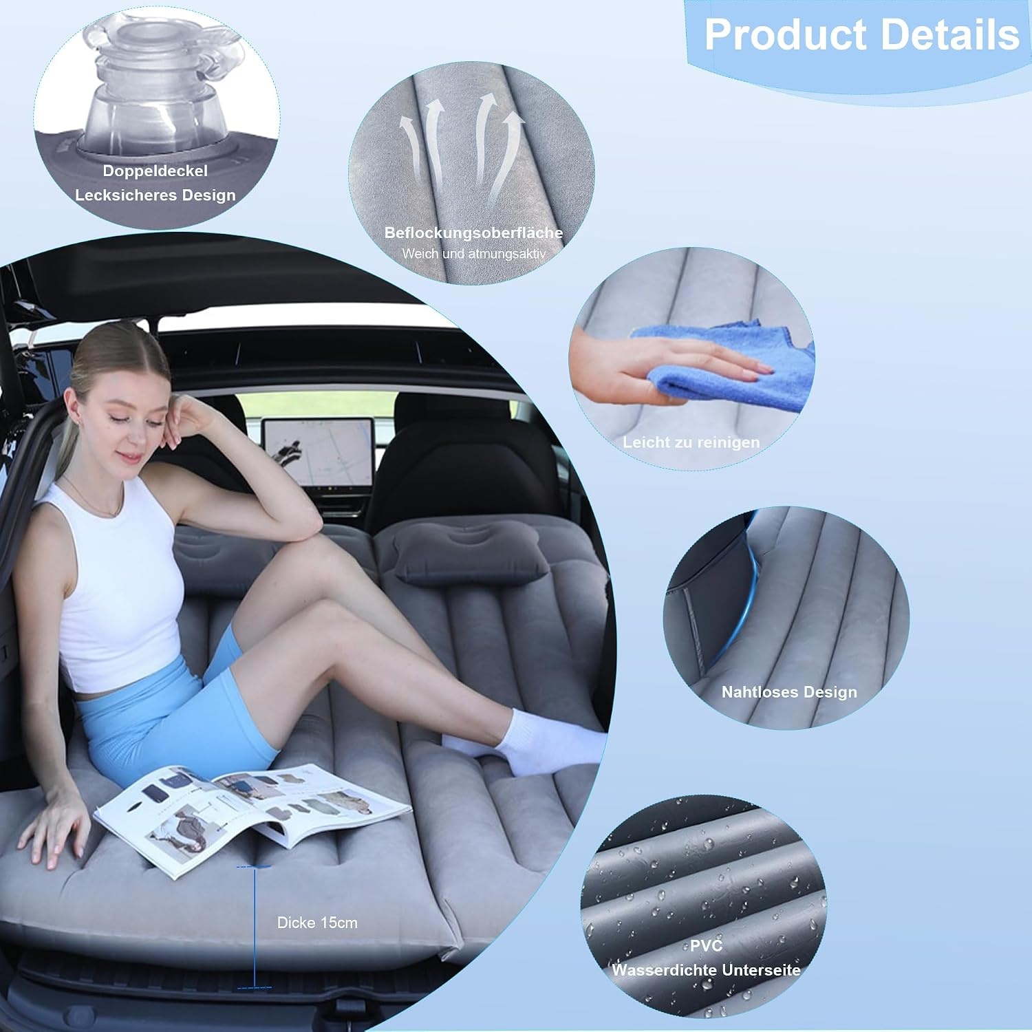 AGEMANY Luxe Luchtbed voor Auto - 195 x 130 cm - Grijs - Geschikt voor Tesla Model Y en SUV