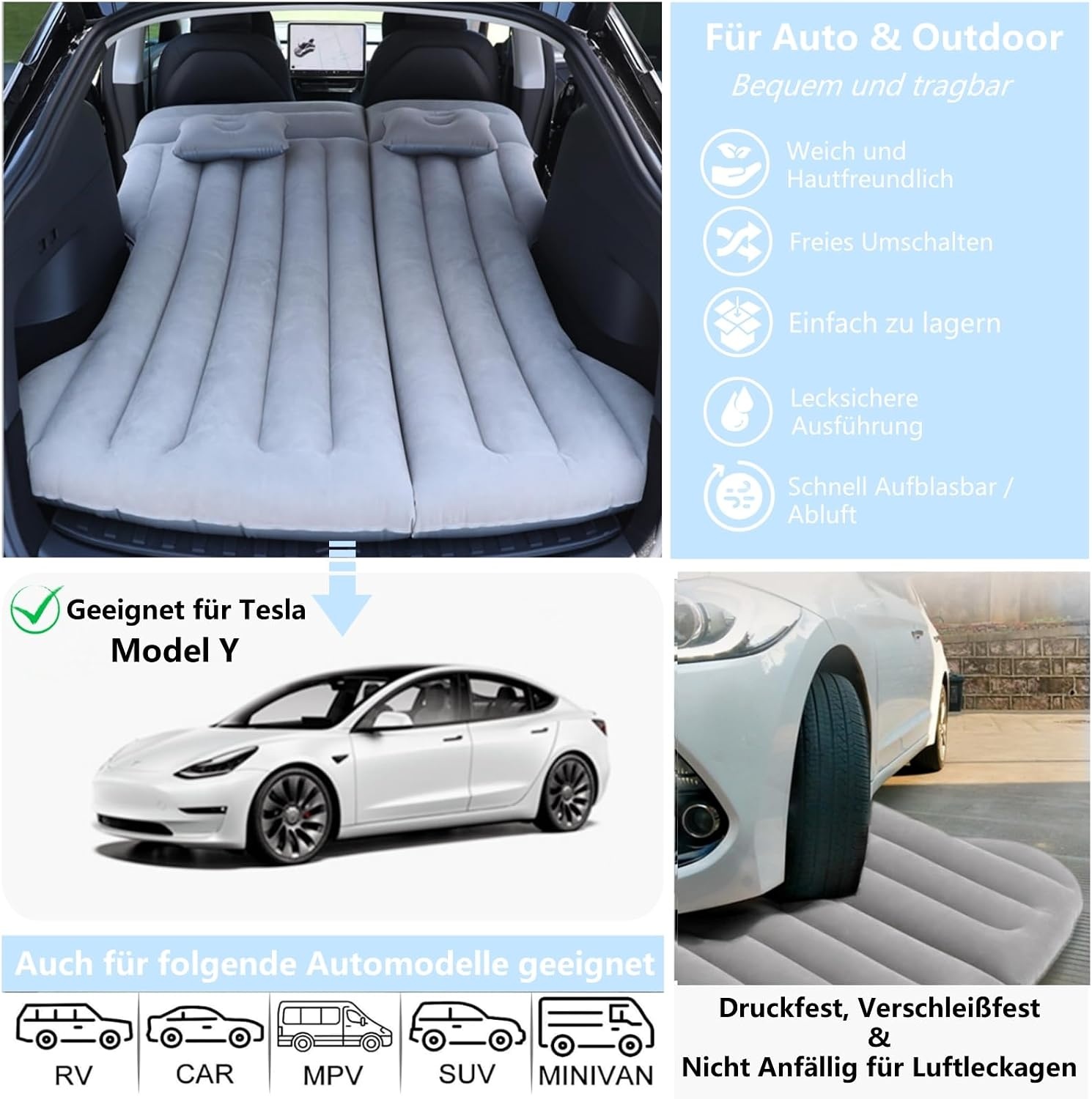 AGEMANY Luxe Luchtbed voor Auto - 195 x 130 cm - Grijs - Geschikt voor Tesla Model Y en SUV