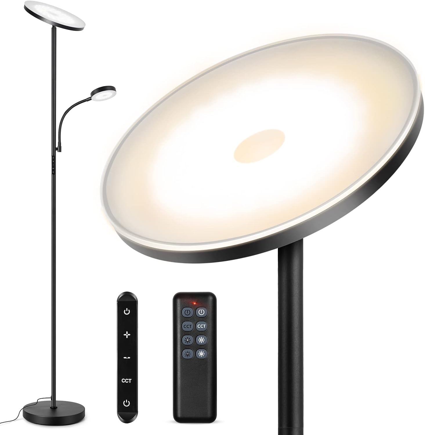 OUTON Dimbare LED Vloerlamp met Leeslamp, 27W/2400LM Uplighter met 7W Leeslamp, 4 Kleurtemperaturen, Afstandsbediening en Touchbediening, 1U Timer, Staande Lamp voor Woonkamer, Slaapkamer, Kantoor