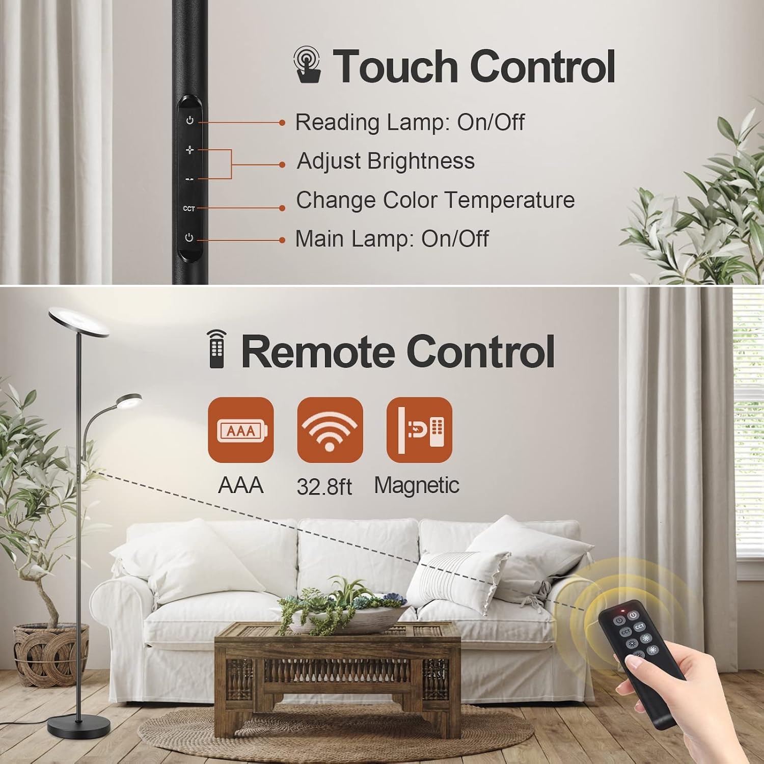 OUTON Dimbare LED Vloerlamp met Leeslamp, 27W/2400LM Uplighter met 7W Leeslamp, 4 Kleurtemperaturen, Afstandsbediening en Touchbediening, 1U Timer, Staande Lamp voor Woonkamer, Slaapkamer, Kantoor