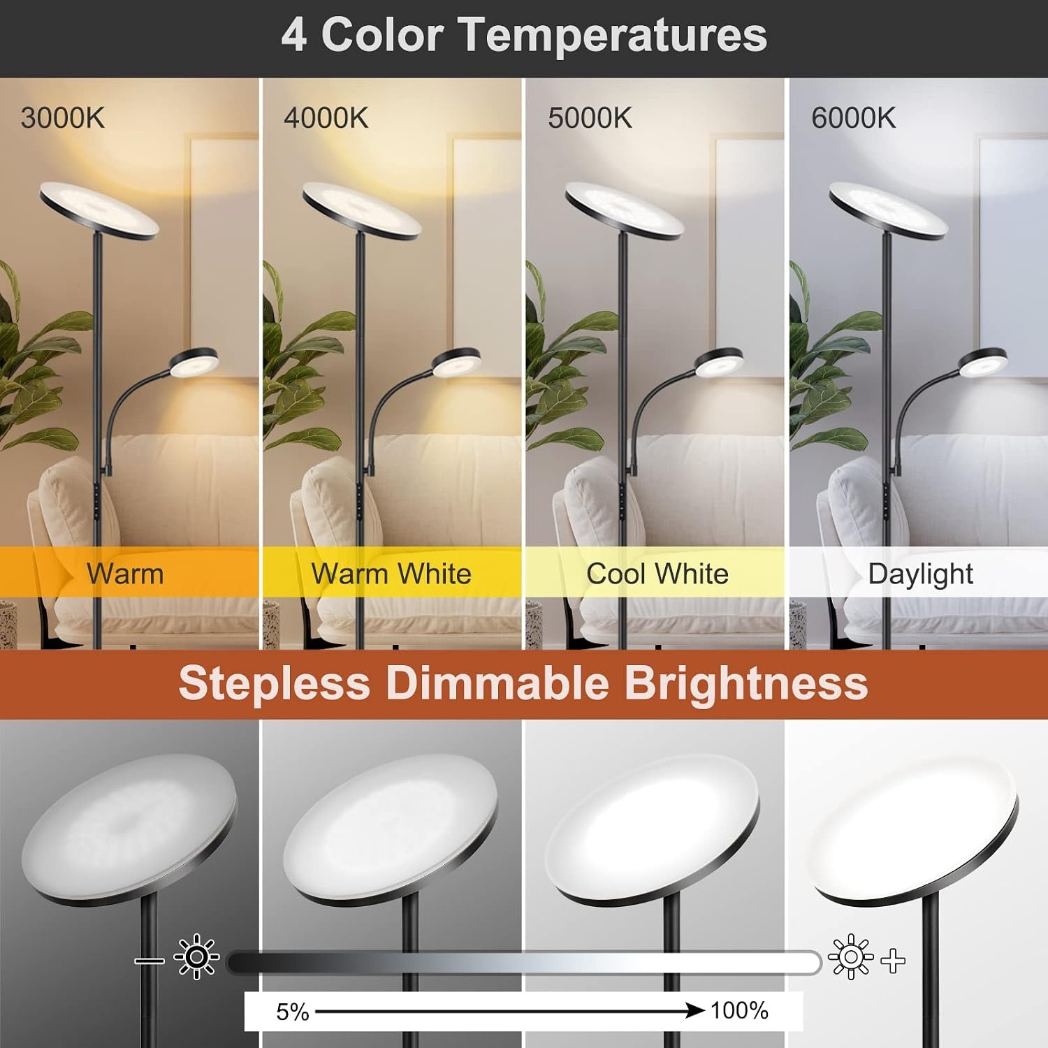 OUTON Dimbare LED Vloerlamp met Leeslamp, 27W/2400LM Uplighter met 7W Leeslamp, 4 Kleurtemperaturen, Afstandsbediening en Touchbediening, 1U Timer, Staande Lamp voor Woonkamer, Slaapkamer, Kantoor