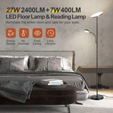 OUTON Dimbare LED Vloerlamp met Leeslamp, 27W/2400LM Uplighter met 7W Leeslamp, 4 Kleurtemperaturen, Afstandsbediening en Touchbediening, 1U Timer, Staande Lamp voor Woonkamer, Slaapkamer, Kantoor