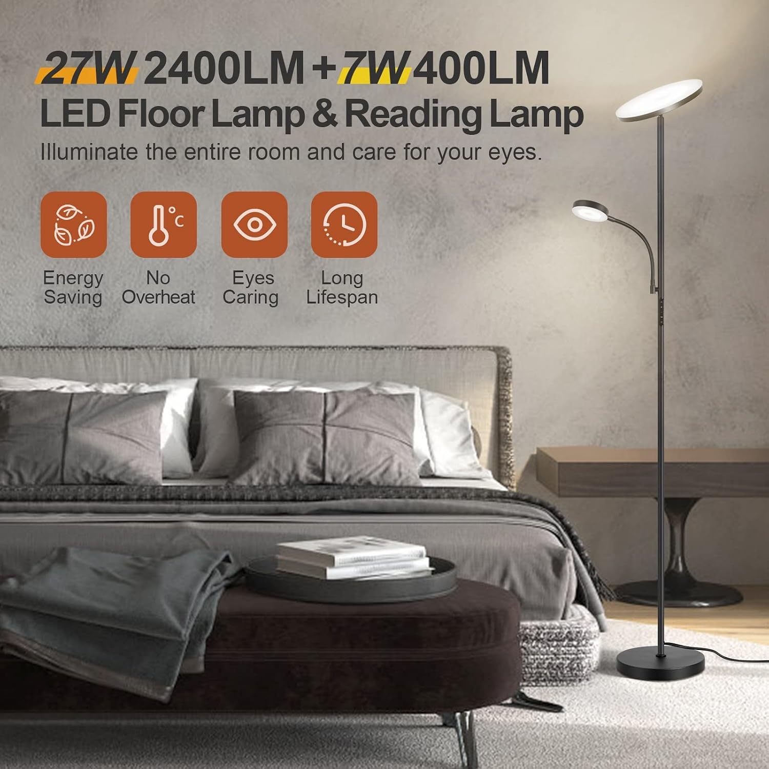 OUTON Dimbare LED Vloerlamp met Leeslamp, 27W/2400LM Uplighter met 7W Leeslamp, 4 Kleurtemperaturen, Afstandsbediening en Touchbediening, 1U Timer, Staande Lamp voor Woonkamer, Slaapkamer, Kantoor