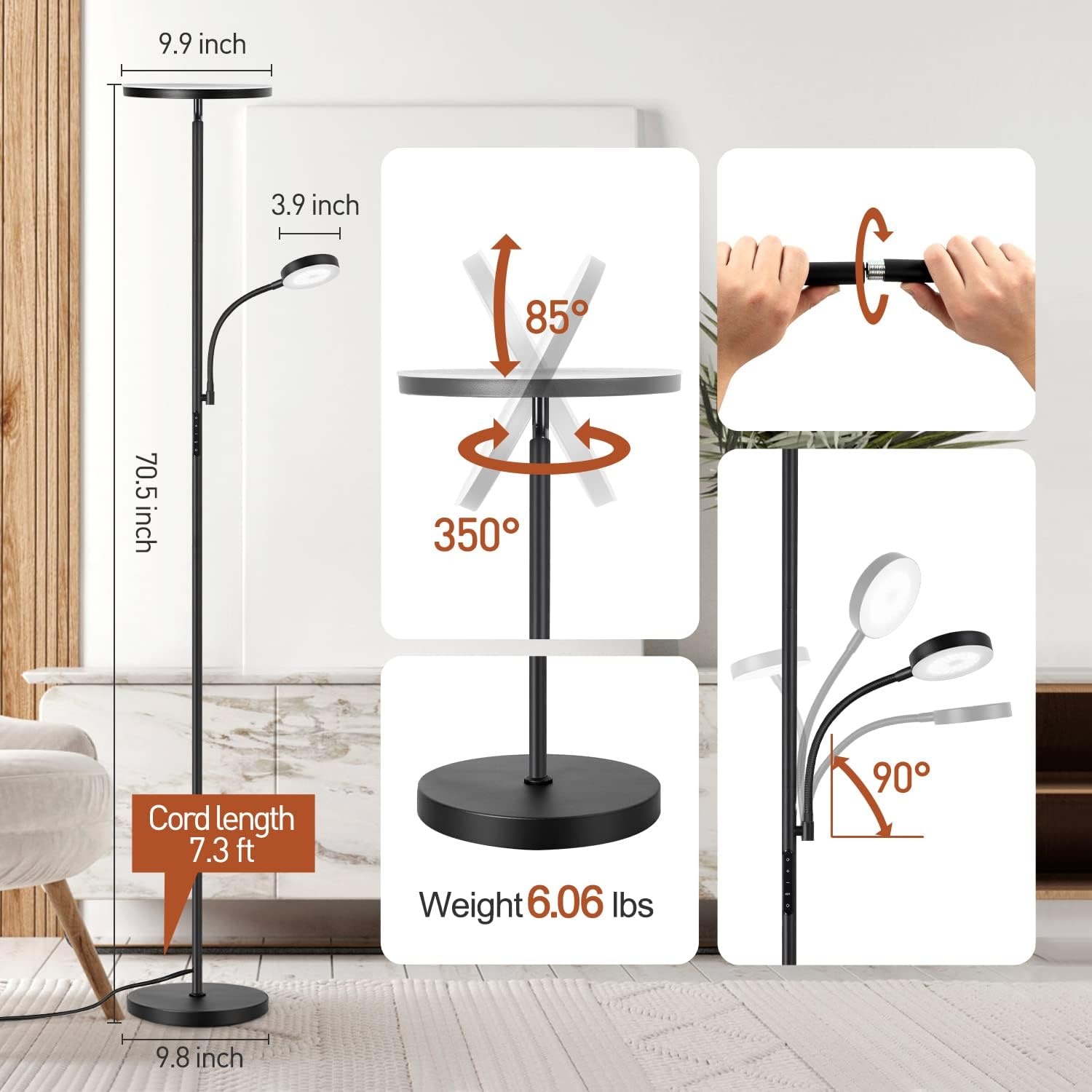 OUTON Dimbare LED Vloerlamp met Leeslamp, 27W/2400LM Uplighter met 7W Leeslamp, 4 Kleurtemperaturen, Afstandsbediening en Touchbediening, 1U Timer, Staande Lamp voor Woonkamer, Slaapkamer, Kantoor