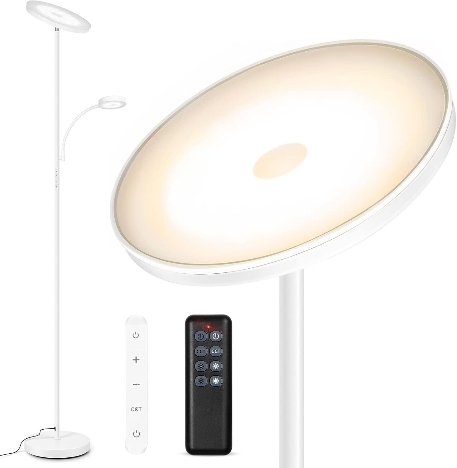 OUTON Dimbare LED Vloerlamp met Leeslamp, 27W/2400LM Uplighter met 7W Leeslamp, 4 Kleurtemperaturen, Afstandsbediening en Touchbediening, 1U Timer, Staande Lamp voor Woonkamer, Slaapkamer, Kantoor