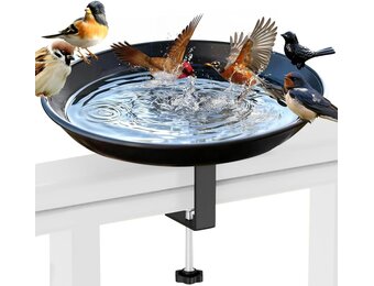 Vogelbad, hangend voor balkonleuningen, vogelvoederdispenser, waterbak, voederbord, winterbestendig vogelbad, zwart gietijzer, voor balkon, terras, binnenplaats, tuin