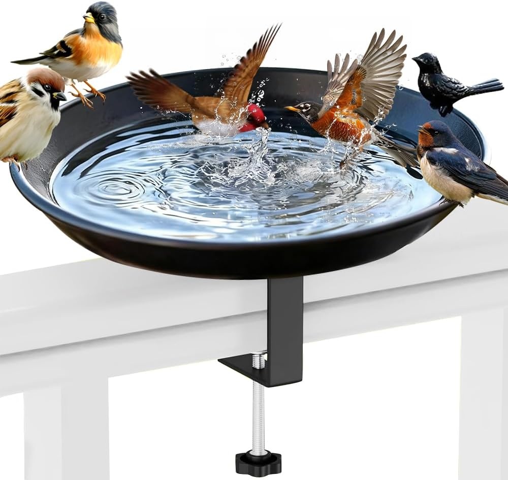 Vogelbad, hangend voor balkonleuningen, vogelvoederdispenser, waterbak, voederbord, winterbestendig vogelbad, zwart gietijzer, voor balkon, terras, binnenplaats, tuin