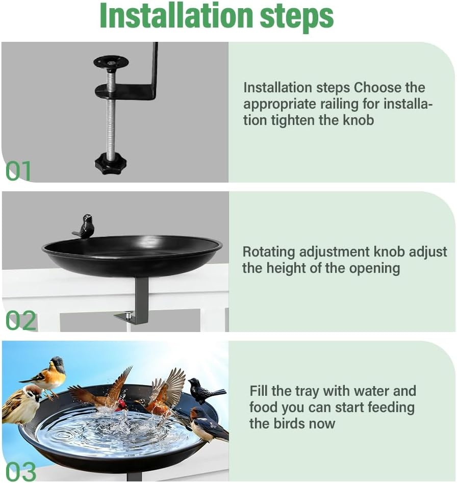 Vogelbad, hangend voor balkonleuningen, vogelvoederdispenser, waterbak, voederbord, winterbestendig vogelbad, zwart gietijzer, voor balkon, terras, binnenplaats, tuin