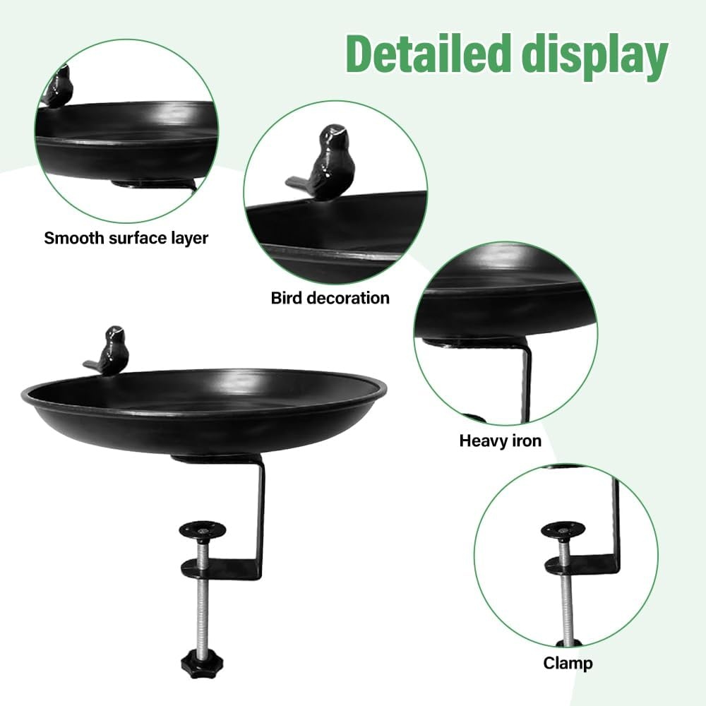 Vogelbad, hangend voor balkonleuningen, vogelvoederdispenser, waterbak, voederbord, winterbestendig vogelbad, zwart gietijzer, voor balkon, terras, binnenplaats, tuin