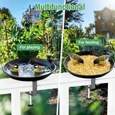 Vogelbad, hangend voor balkonleuningen, vogelvoederdispenser, waterbak, voederbord, winterbestendig vogelbad, zwart gietijzer, voor balkon, terras, binnenplaats, tuin
