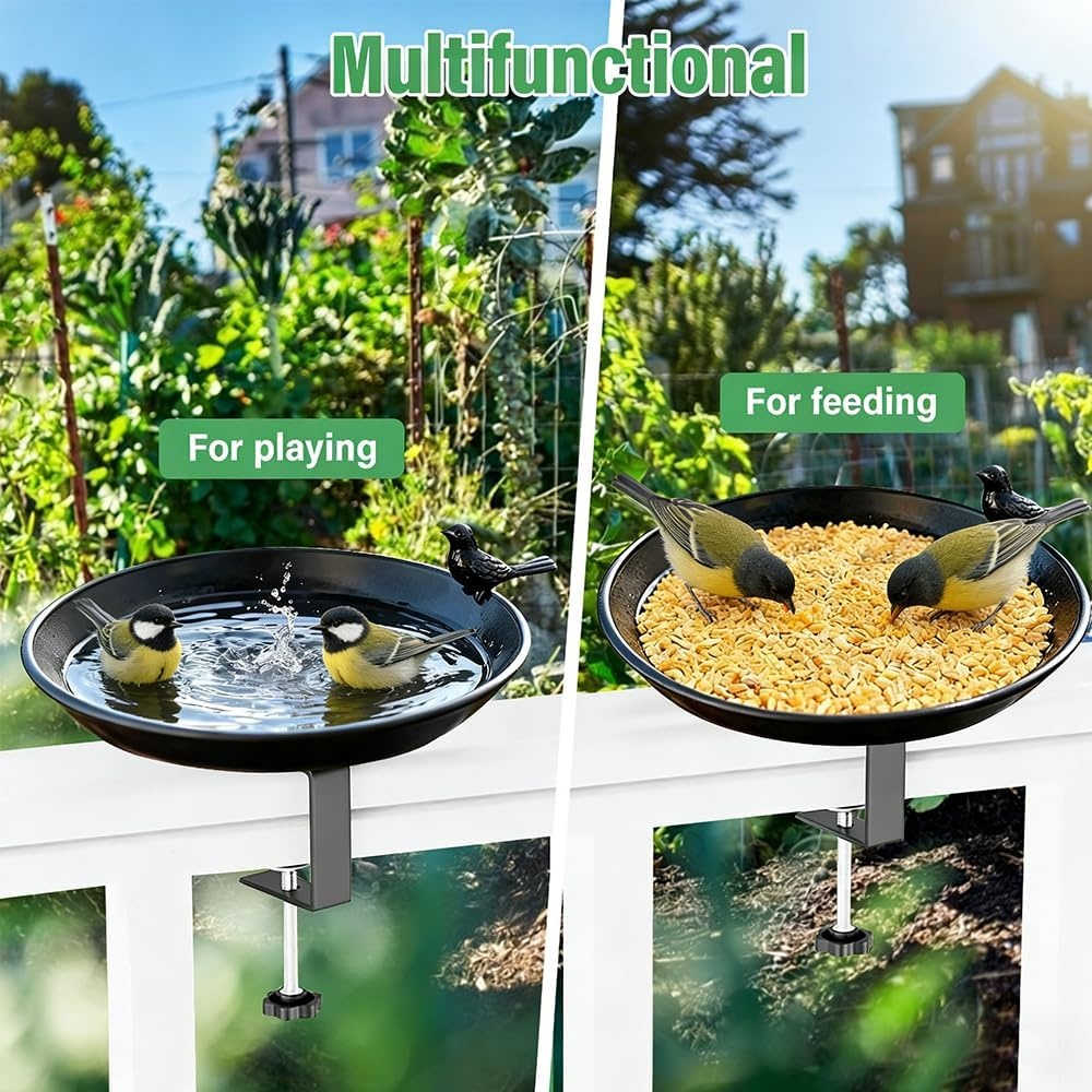 Vogelbad, hangend voor balkonleuningen, vogelvoederdispenser, waterbak, voederbord, winterbestendig vogelbad, zwart gietijzer, voor balkon, terras, binnenplaats, tuin