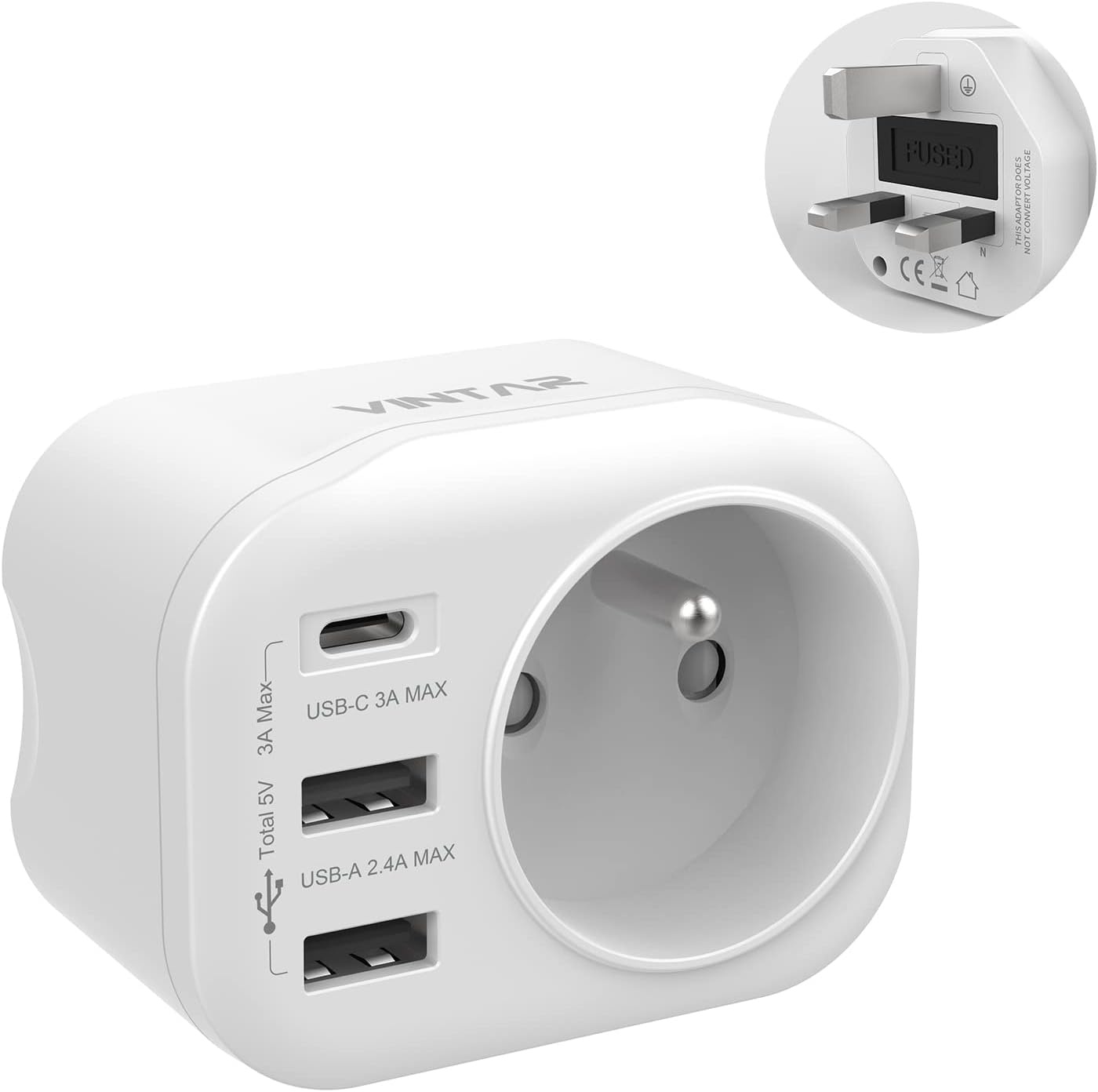 VINTAR 1PC Adaptateur Prise Anglaise UK Angleterre Française Adaptateur de Voyage Avec 2 USB-A et 1 USB-C 3A, Adaptateur Prise France vers UK Ierland Maleisië Singapour, Type G