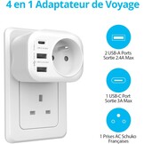 VINTAR 1PC Adaptateur Prise Anglaise UK Angleterre Française Adaptateur de Voyage Avec 2 USB-A et 1 USB-C 3A, Adaptateur Prise France vers UK Ierland Maleisië Singapour, Type G