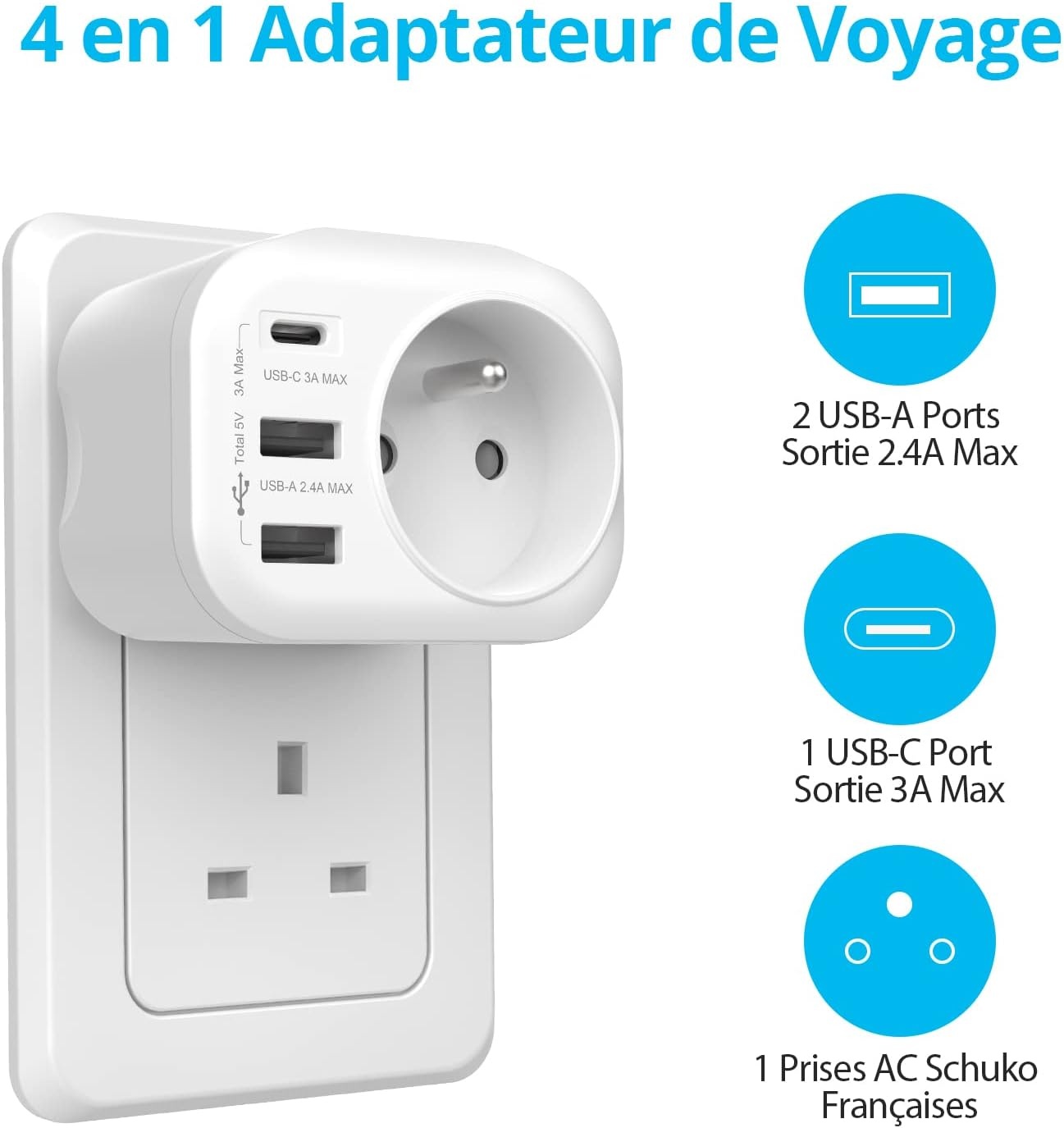 VINTAR 1PC Adaptateur Prise Anglaise UK Angleterre Française Adaptateur de Voyage Avec 2 USB-A et 1 USB-C 3A, Adaptateur Prise France vers UK Ierland Maleisië Singapour, Type G