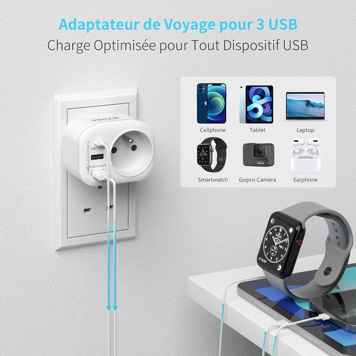 VINTAR 1PC Adaptateur Prise Anglaise UK Angleterre Française Adaptateur de Voyage Avec 2 USB-A et 1 USB-C 3A, Adaptateur Prise France vers UK Ierland Maleisië Singapour, Type G