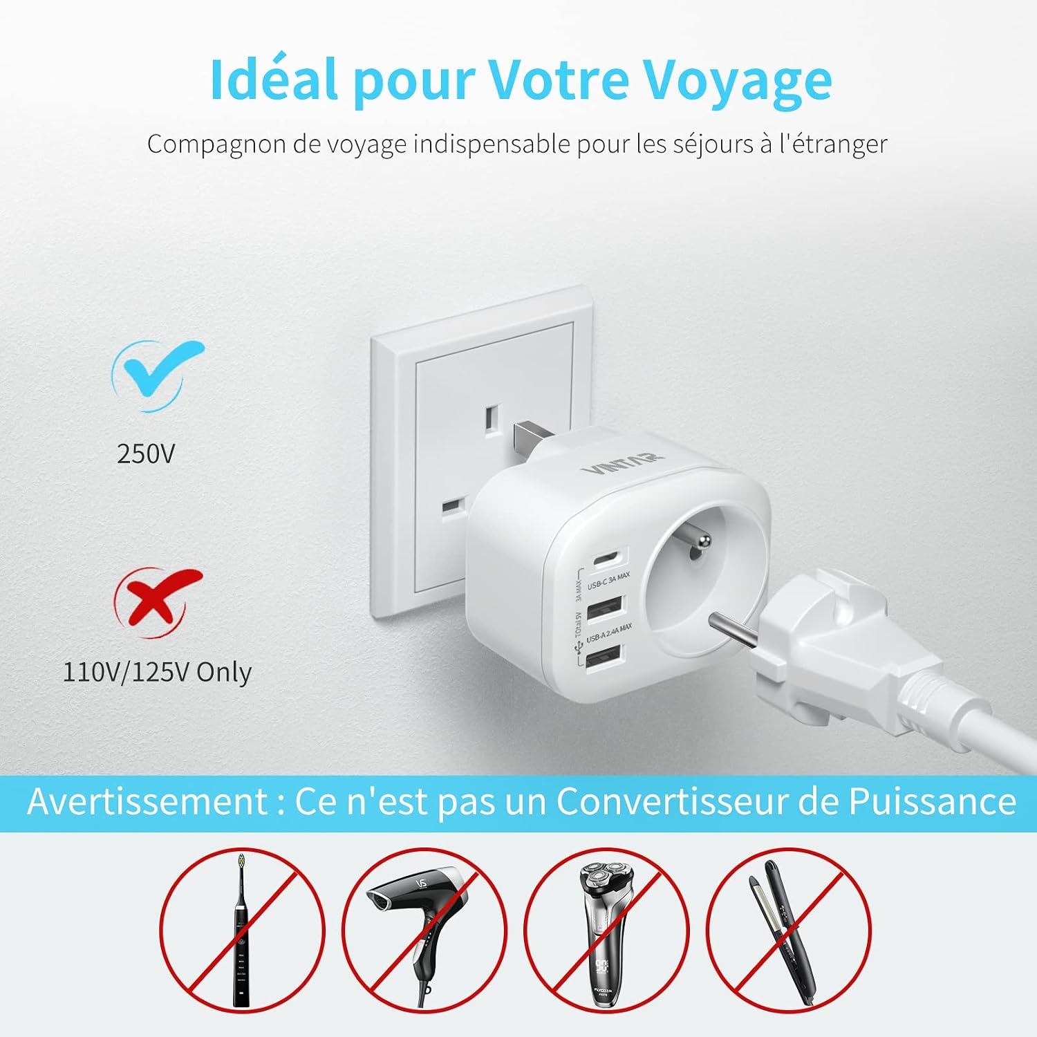 VINTAR 1PC Adaptateur Prise Anglaise UK Angleterre Française Adaptateur de Voyage Avec 2 USB-A et 1 USB-C 3A, Adaptateur Prise France vers UK Ierland Maleisië Singapour, Type G