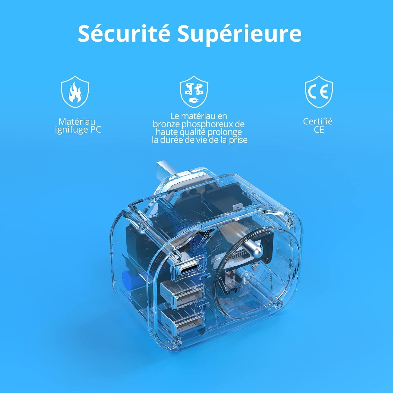 VINTAR 1PC Adaptateur Prise Anglaise UK Angleterre Française Adaptateur de Voyage Avec 2 USB-A et 1 USB-C 3A, Adaptateur Prise France vers UK Ierland Maleisië Singapour, Type G