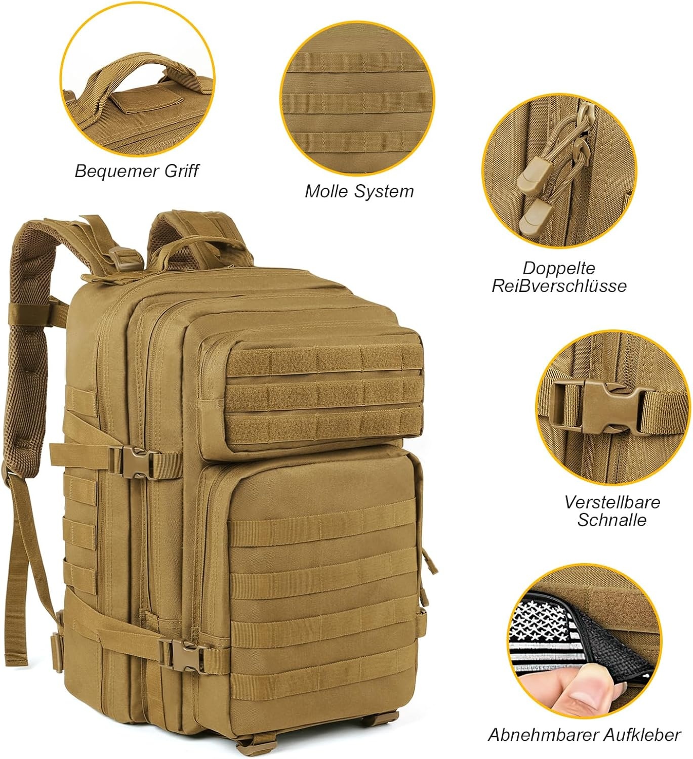 BITUOR Militaire tactische rugzak, 45 liter, legerrugzak voor heren, grote capaciteit met veel vakken, waterafstotende wandelrugzak, reisrugzak, trekkingrugzak voor wandelen, kamperen, vissen, reizen,