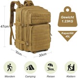 BITUOR Militaire tactische rugzak, 45 liter, legerrugzak voor heren, grote capaciteit met veel vakken, waterafstotende wandelrugzak, reisrugzak, trekkingrugzak voor wandelen, kamperen, vissen, reizen,