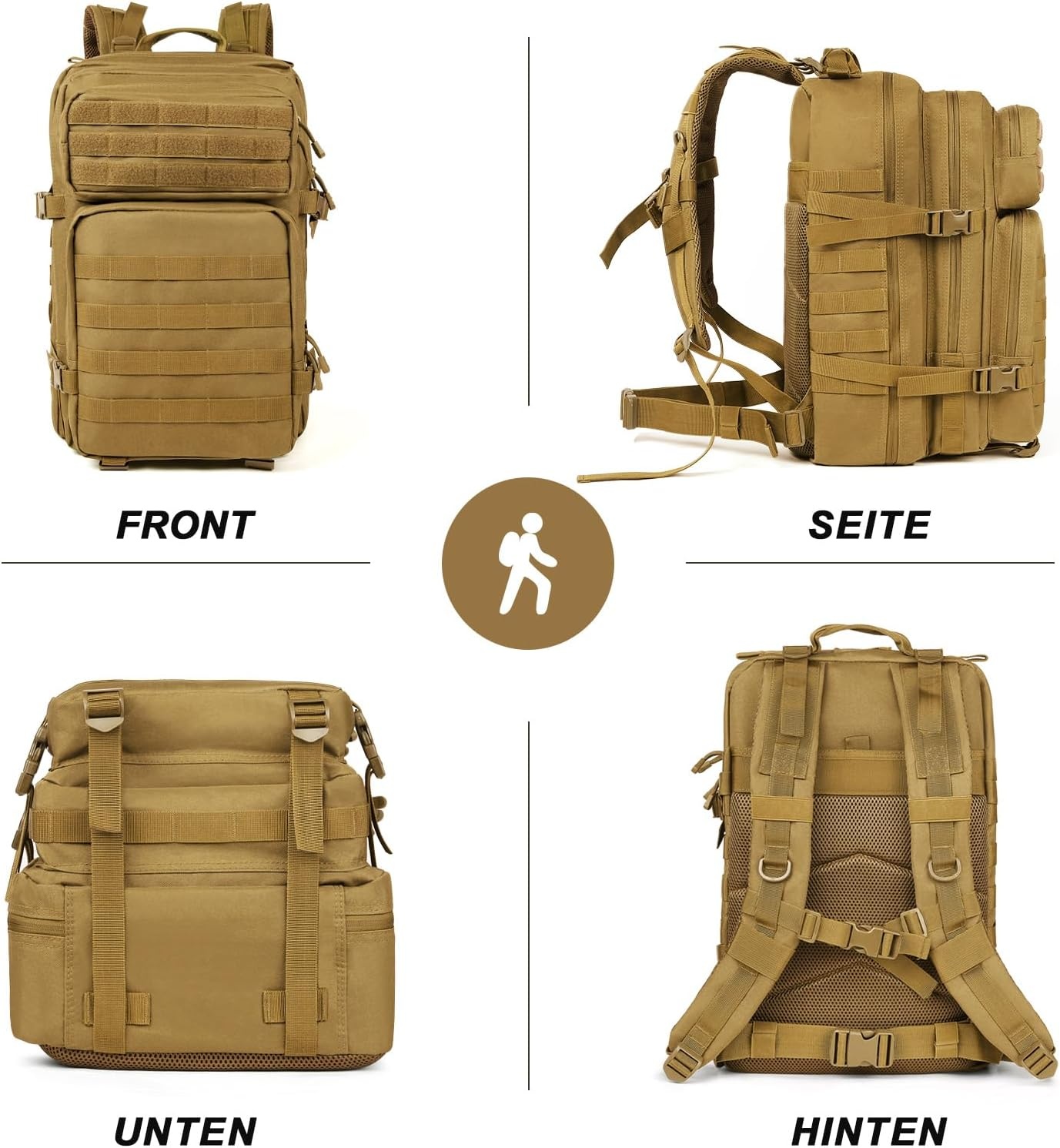 BITUOR Militaire tactische rugzak, 45 liter, legerrugzak voor heren, grote capaciteit met veel vakken, waterafstotende wandelrugzak, reisrugzak, trekkingrugzak voor wandelen, kamperen, vissen, reizen,