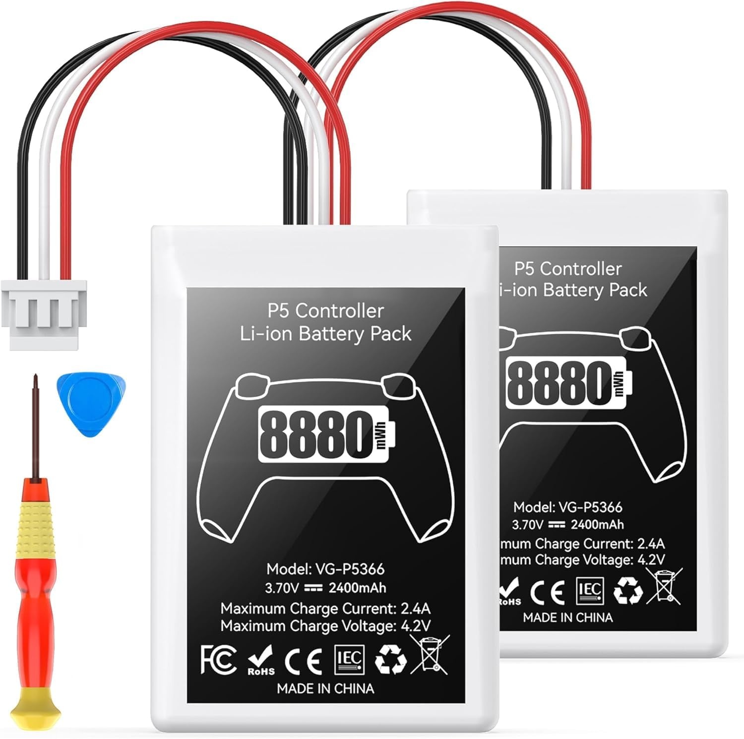 PS5 Controller Battery Pack, 2 Pieces 8880mWh Li-ion Battery with High Capacity for Sony PS5 Controller CFI-ZCT1W, 53% More Endurance (Capacity), Safe Battery Replacement