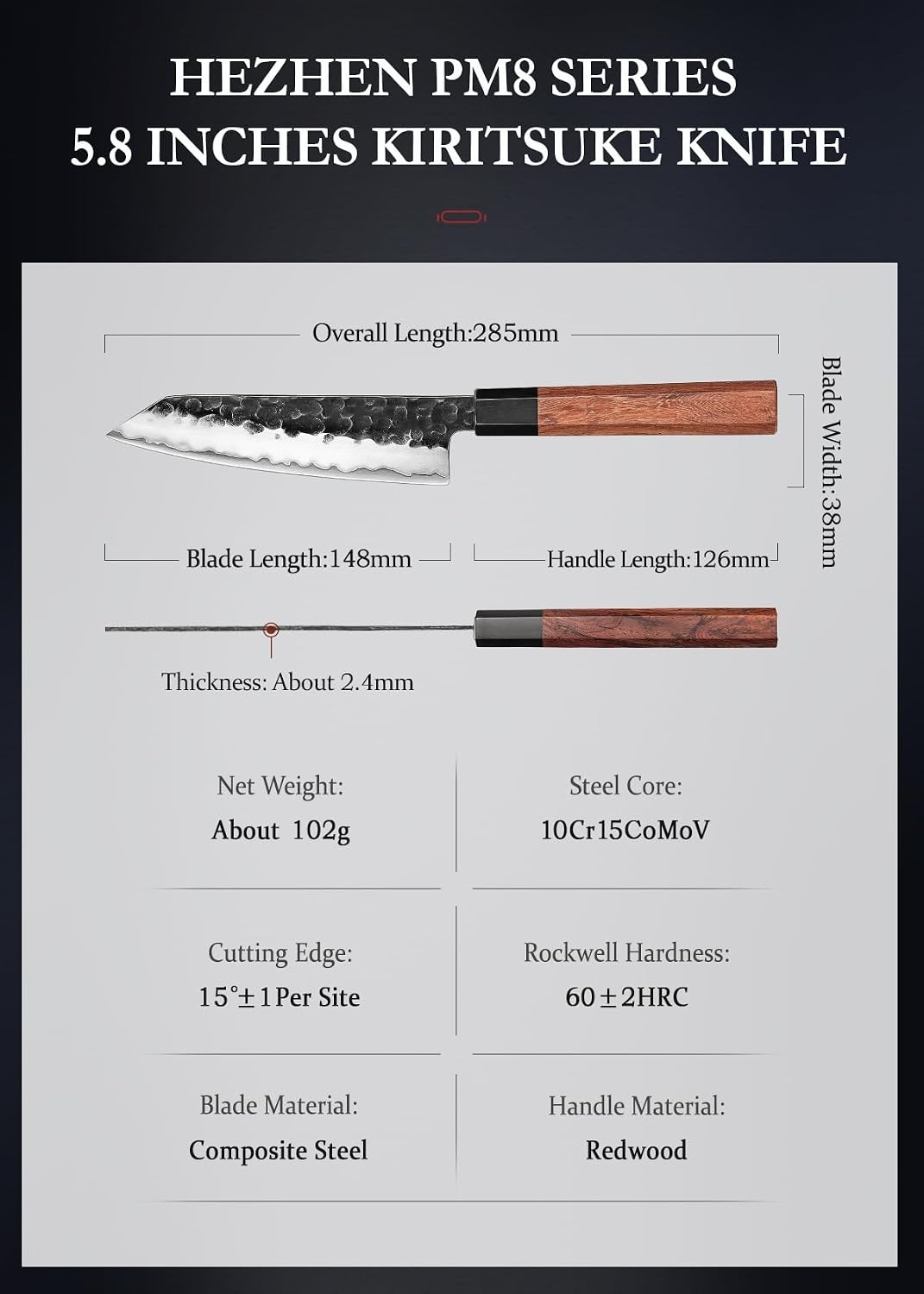 HEZHEN Kiritsuke keukenmes 15 cm - Professioneel Japans koksmes met redwood handvat
