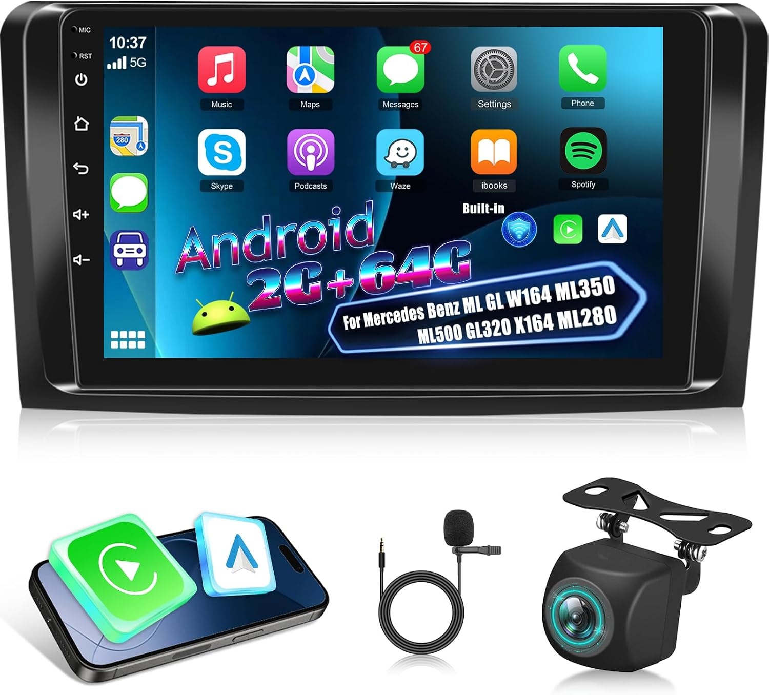 [2G+64G] Android Car Stereo for Mercedes Benz ML GL W164 ML350 ML500 GL320 X164 ML280 with Wireless Carplay and Android Auto, 9 inch HD Touch Screen Car Radio with GPS/WiFi/Bluetooth/EQ/FM RDS