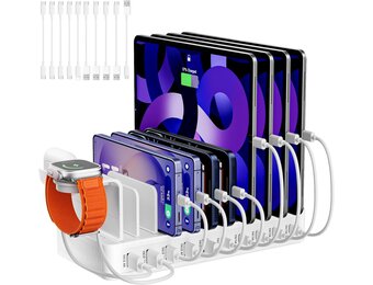 DeBangsi 100W USB-C Laadstation met 10 poorten, horlogehouder en 10 kabels - Wit