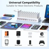 DeBangsi 100W USB-C Laadstation met 10 poorten, horlogehouder en 10 kabels - Wit