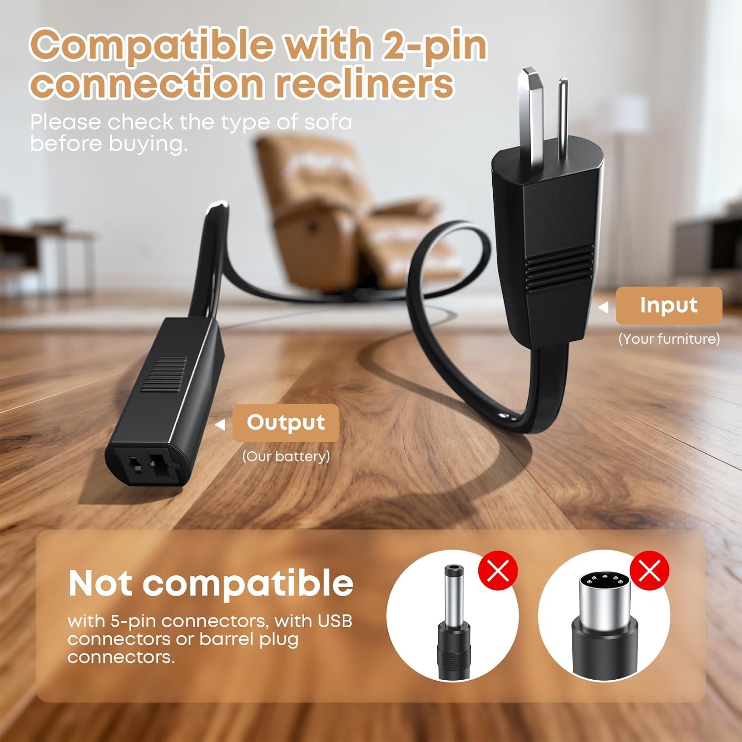Accupack voor meubels, 2500 mAh, universele oplader voor elektrische ligstoelen en banken, 2-pins aansluiting