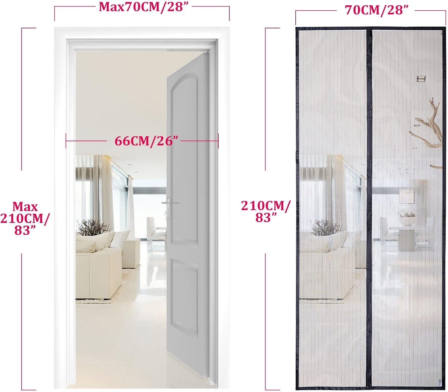 Apalus Vliegengordijn voor Deur met Magnetische Sluiting, Insectenhor voor Balkon- en Terrasdeur, Zonder Boren te Monteren, Niet Inkortbaar (70x210 cm, Zwart)